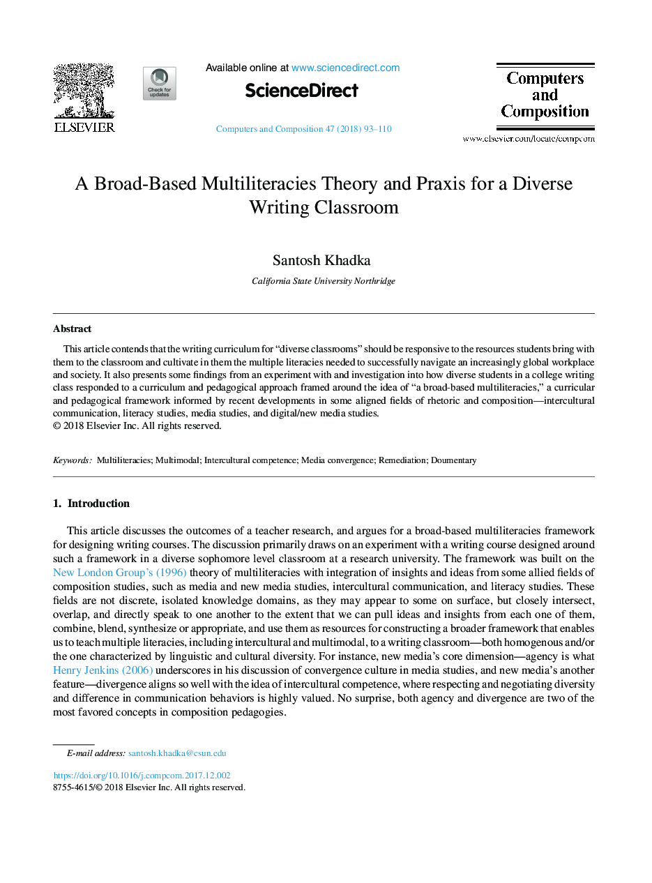 A Broad-Based Multiliteracies Theory and Praxis for a Diverse Writing Classroom