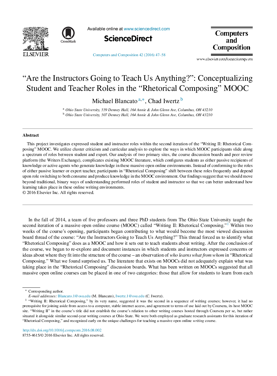 عکس صفحه اول مقاله: “Are the Instructors Going to Teach Us Anything?”: Conceptualizing Student and Teacher Roles in the “Rhetorical Composing” MOOC “Are the Instructors Going to Teach Us Anything?”: Conceptualizing Student and Teacher Roles in the “Rhetorical Composing” MOOC