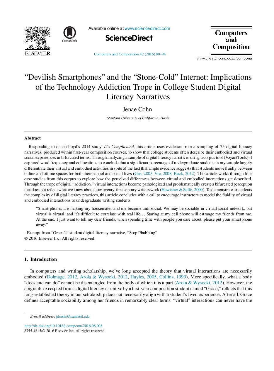 عکس صفحه اول مقاله: “Devilish Smartphones” and the “Stone-Cold” Internet: Implications of the Technology Addiction Trope in College Student Digital Literacy Narratives “Devilish Smartphones” and the “Stone-Cold” Internet: Implications of the Technology Addiction Trope in College Student Digital Literacy Narratives