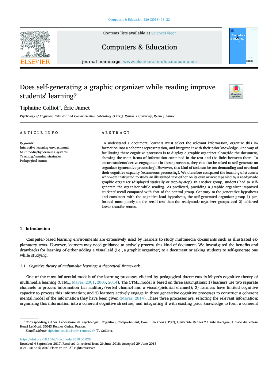 Does self-generating a graphic organizer while reading improve students' learning?