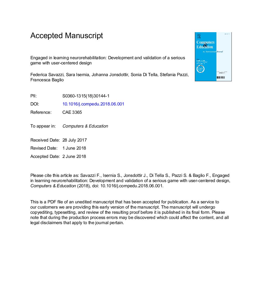 Engaged in learning neurorehabilitation: Development and validation of a serious game with user-centered design