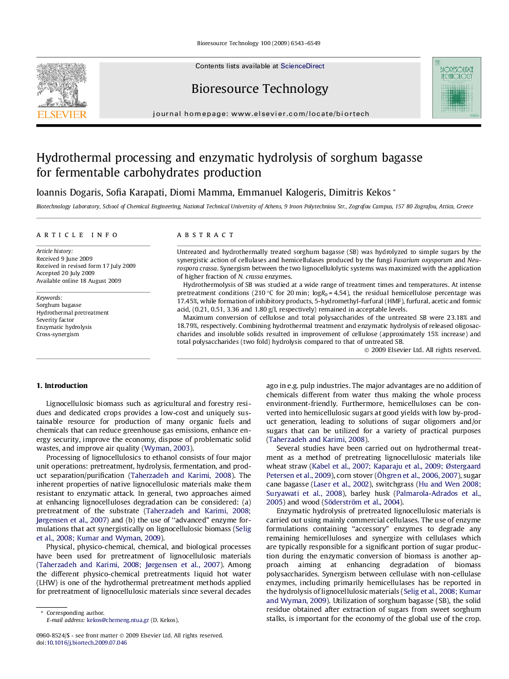 Hydrothermal processing and enzymatic hydrolysis of sorghum bagasse for fermentable carbohydrates production