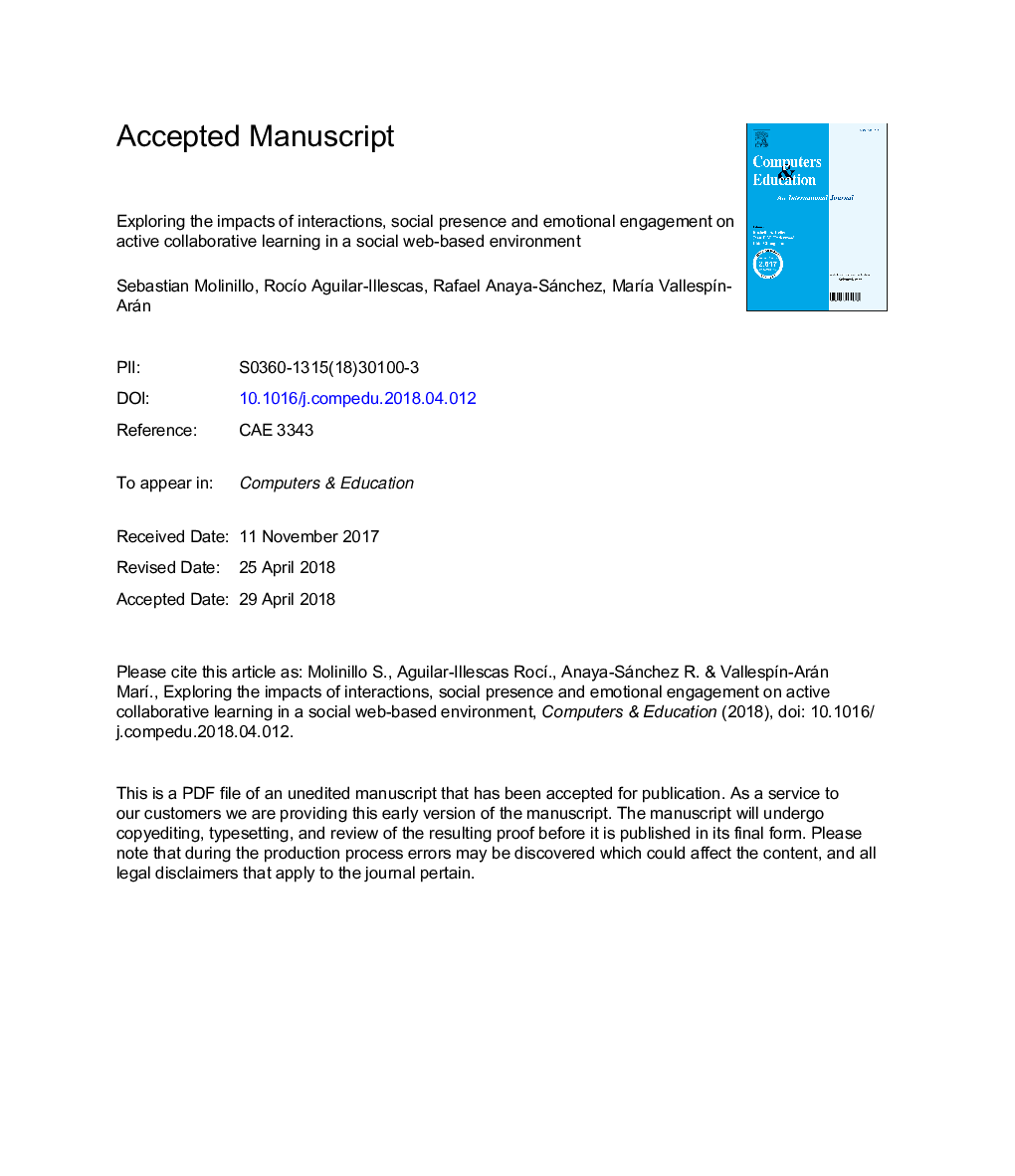 Exploring the impacts of interactions, social presence and emotional engagement on active collaborative learning in a social web-based environment