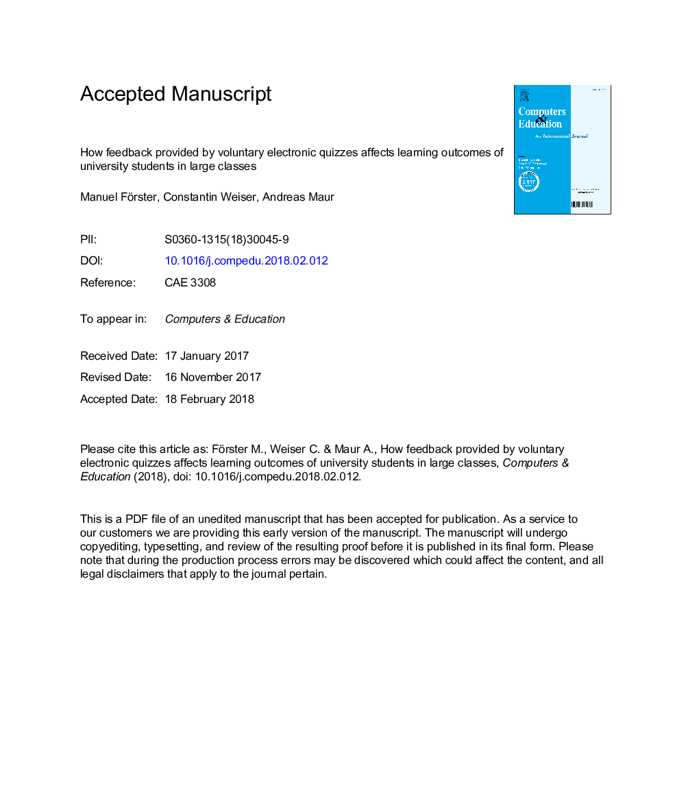 چگونه بازخورد ارائه شده توسط امتحان های داوطلبانه الکترونیکی بر نتایج یادگیری دانشجویان در کلاس های بزرگ تاثیر می گذارد 