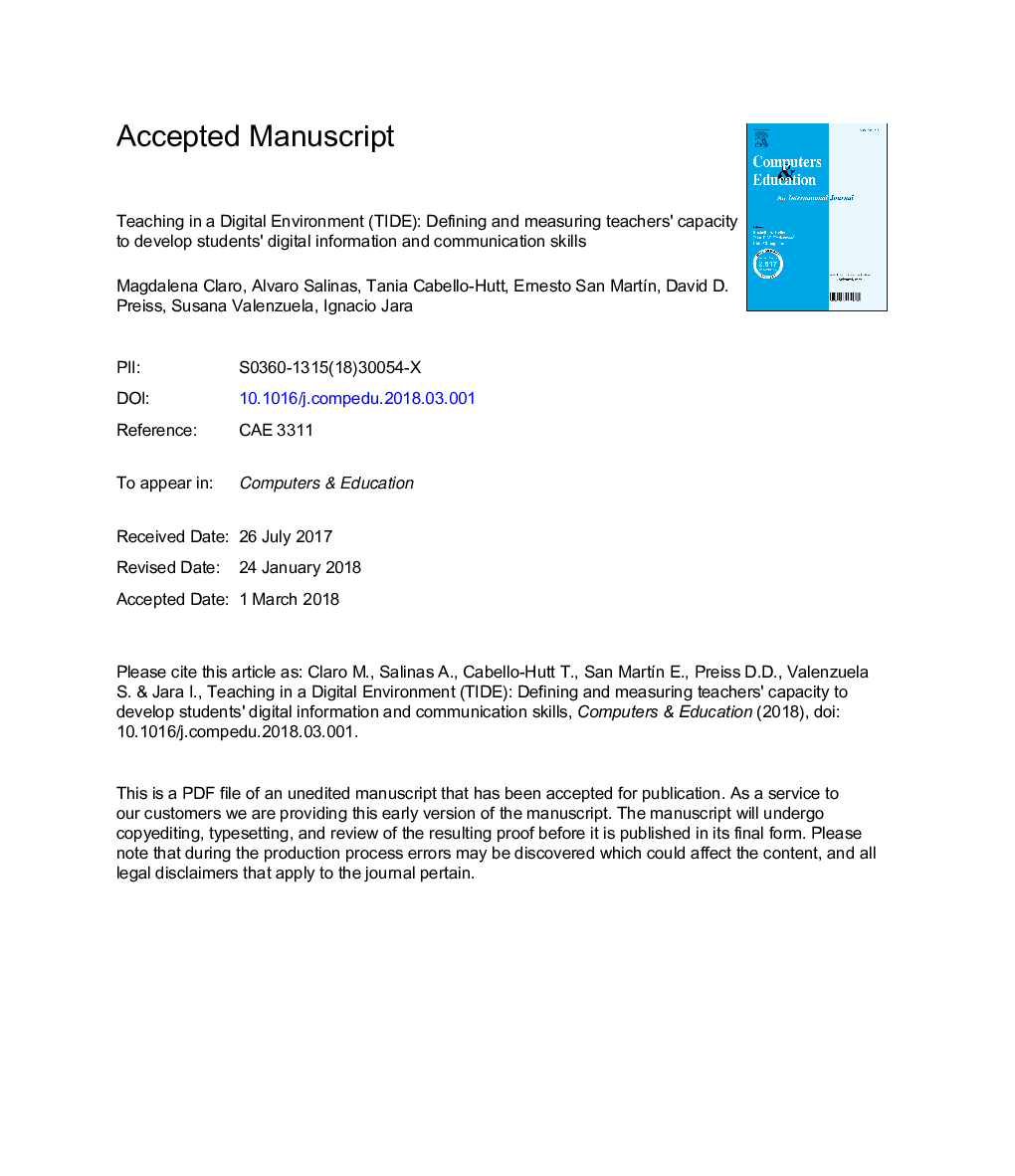 Teaching in a Digital Environment (TIDE): Defining and measuring teachers' capacity to develop students' digital information and communication skills