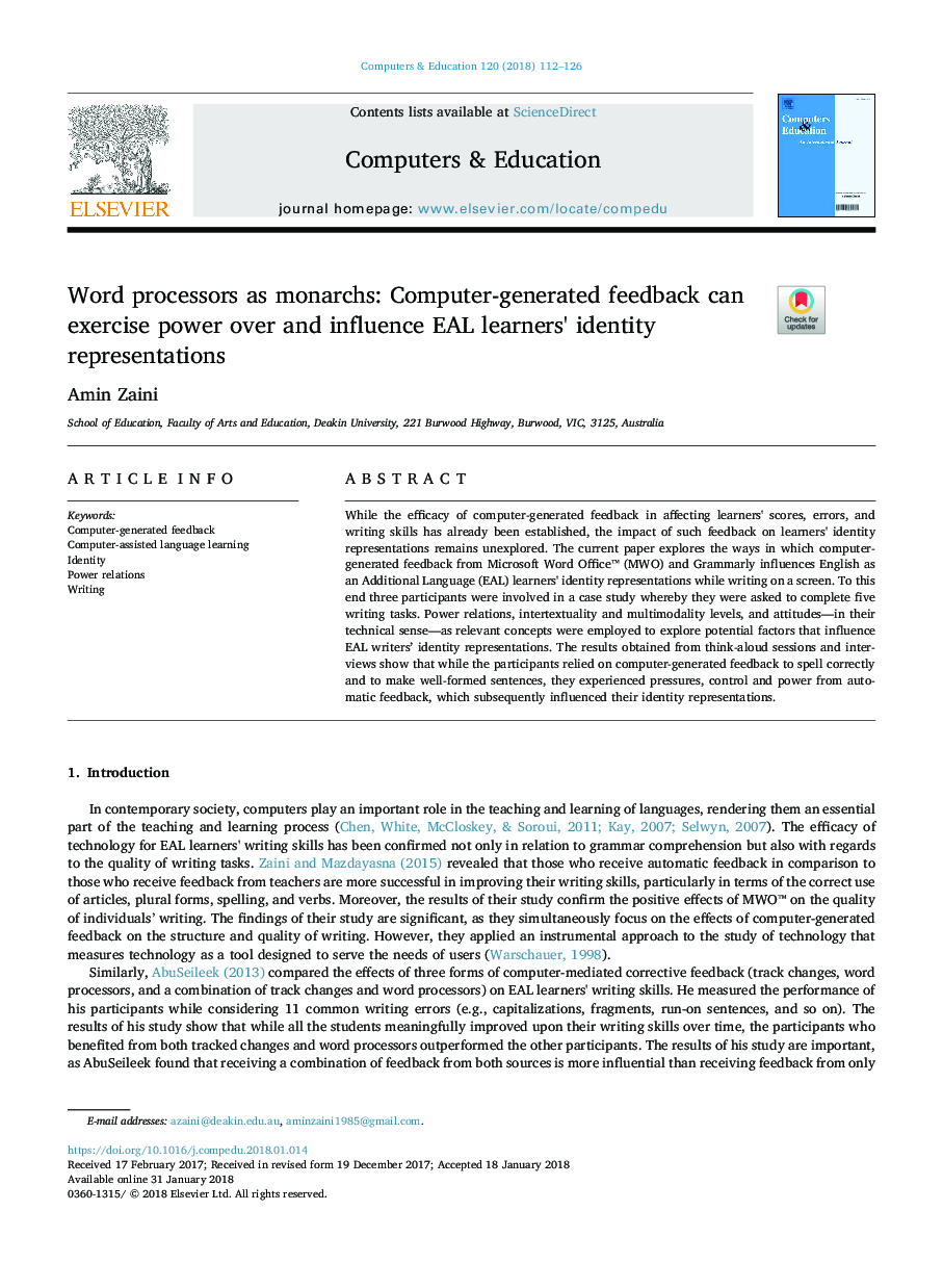 Word processors as monarchs: Computer-generated feedback can exercise power over and influence EAL learners' identity representations