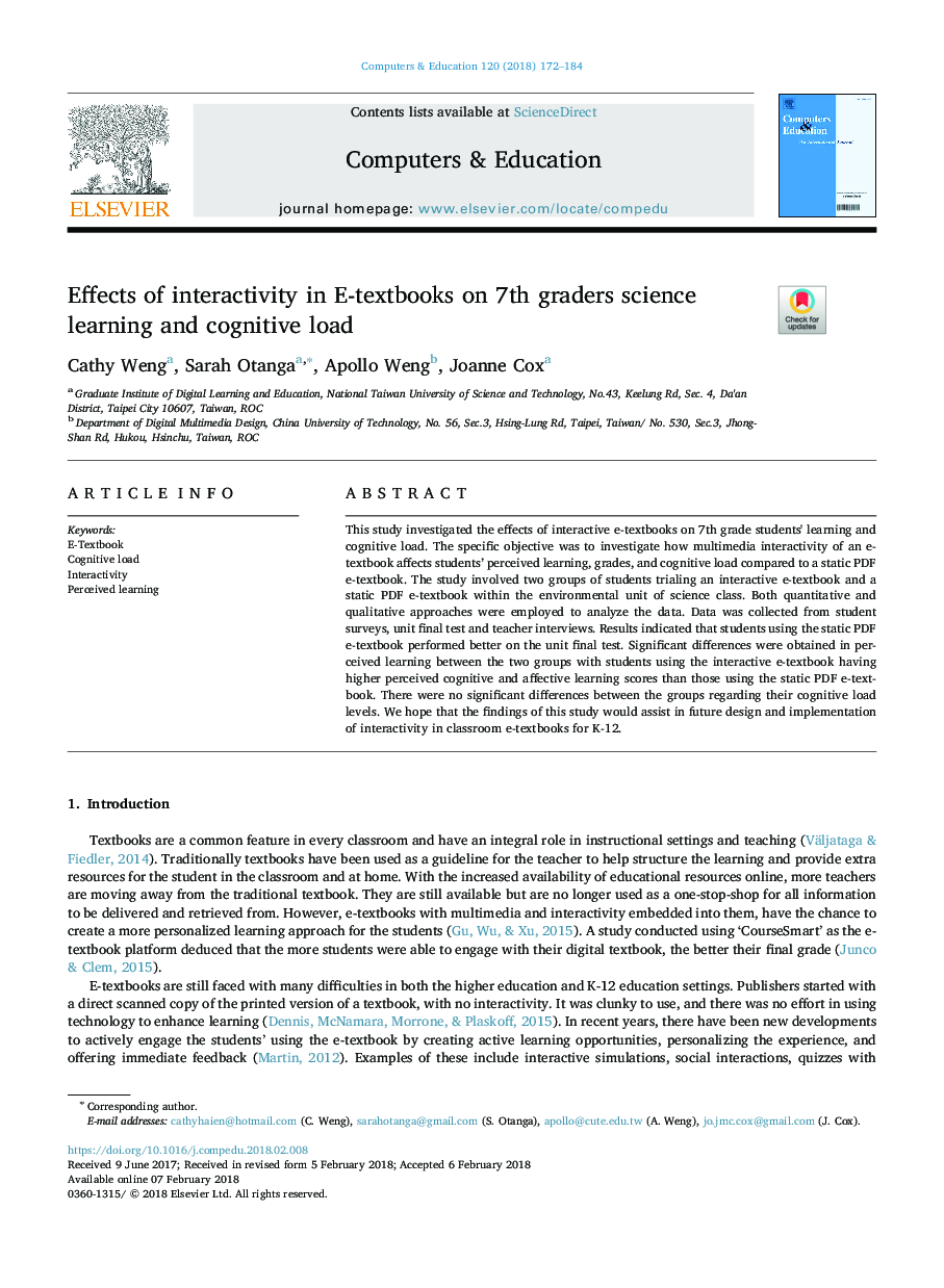 Effects of interactivity in E-textbooks on 7th graders science learning and cognitive load