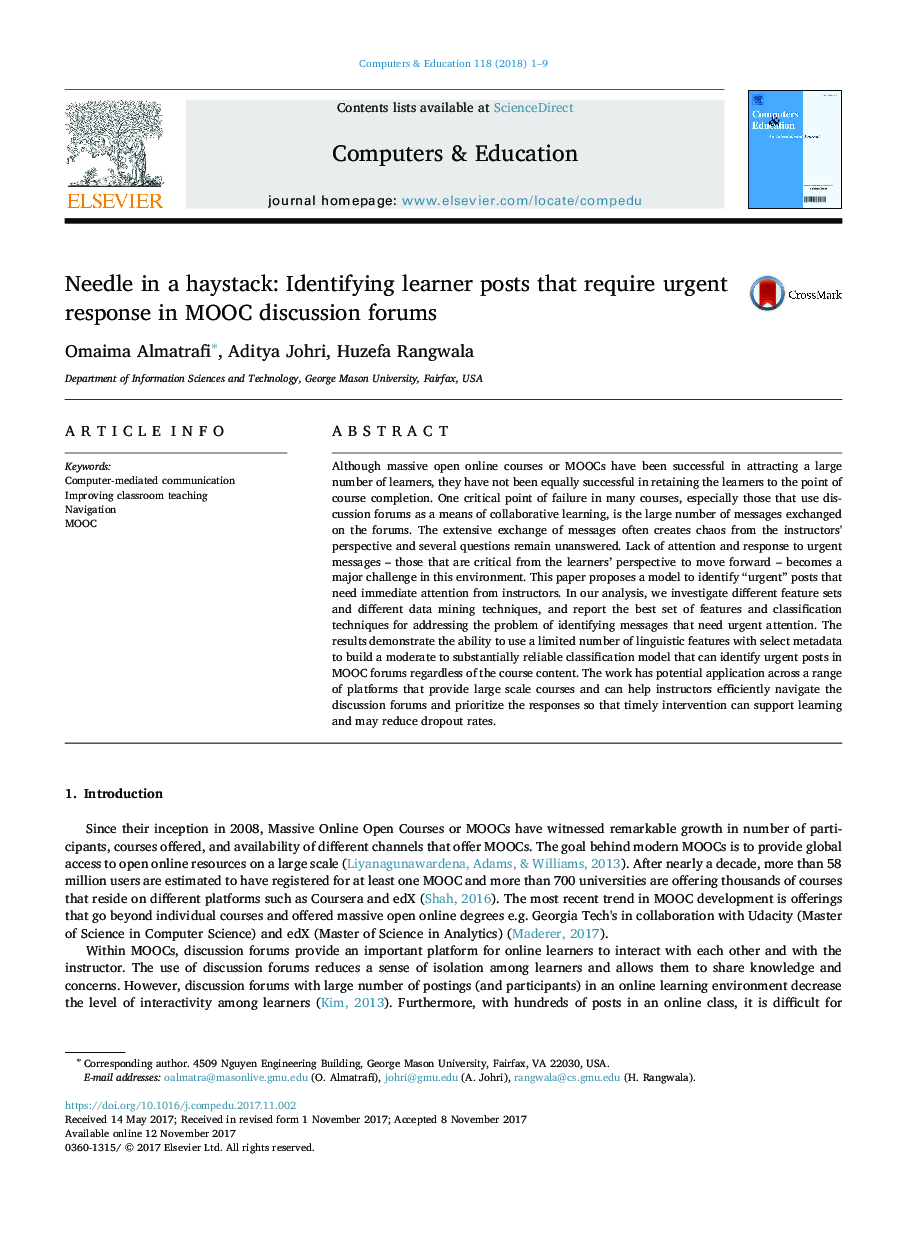 Needle in a haystack: Identifying learner posts that require urgent response in MOOC discussion forums