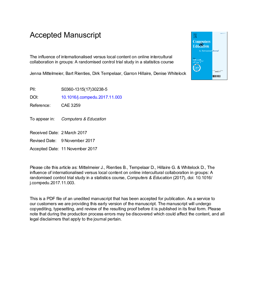 The influence of internationalised versus local content on online intercultural collaboration in groups: A randomised control trial study in a statistics course