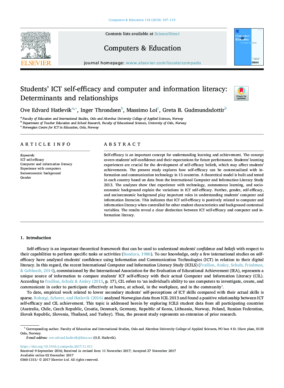 Students' ICT self-efficacy and computer and information literacy: Determinants and relationships
