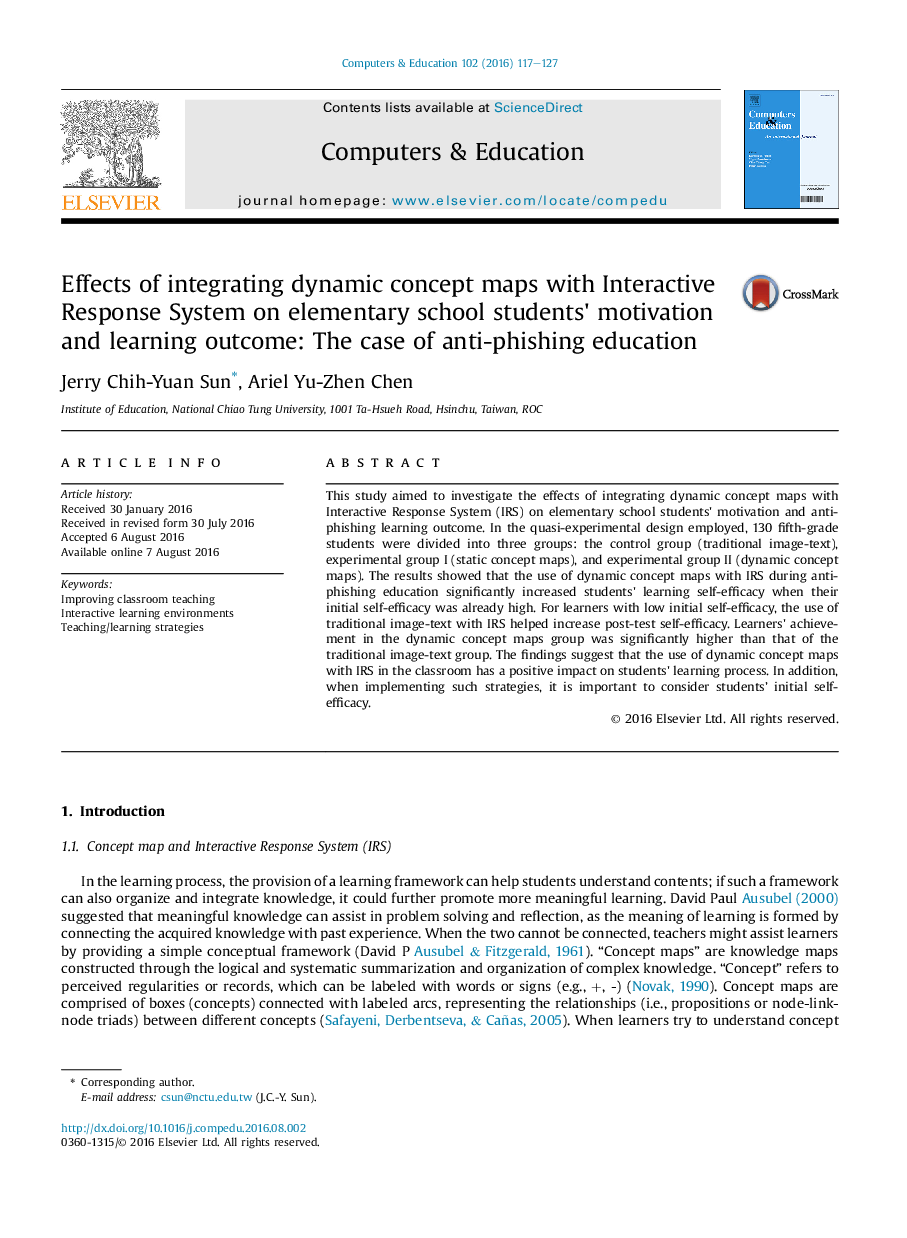 Effects of integrating dynamic concept maps with Interactive Response System on elementary school students' motivation and learning outcome: The case of anti-phishing education