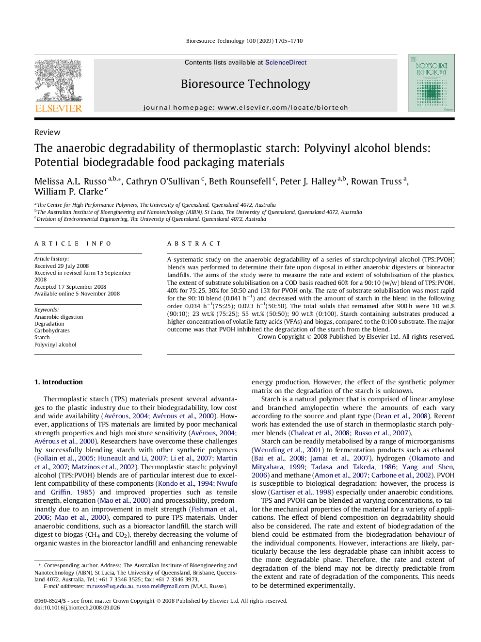عکس صفحه اول مقاله: The anaerobic degradability of thermoplastic starch: Polyvinyl alcohol blends: Potential biodegradable food packaging materials The anaerobic degradability of thermoplastic starch: Polyvinyl alcohol blends: Potential biodegradable food packaging materials