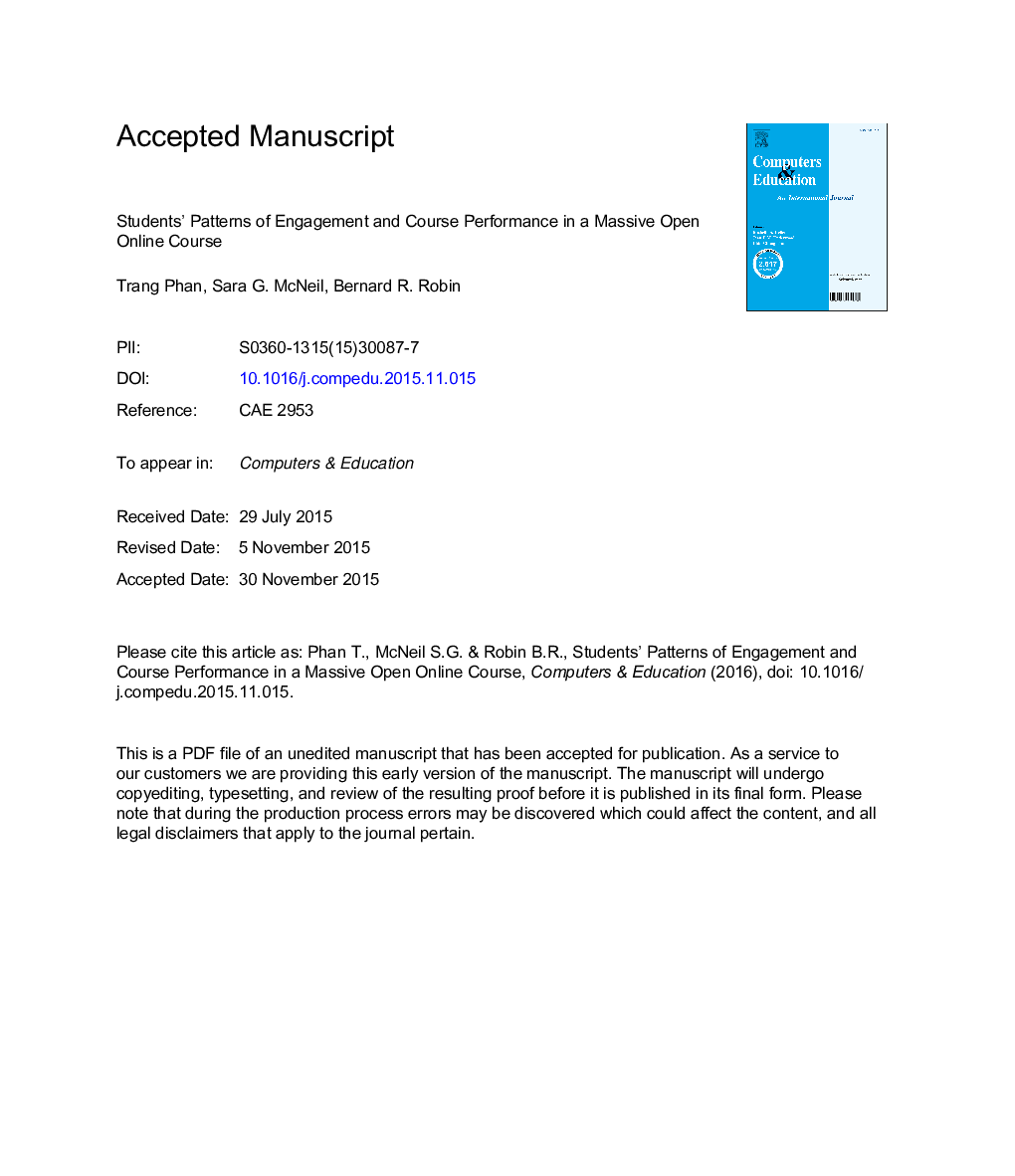 Students' patterns of engagement and course performance in a Massive Open Online Course