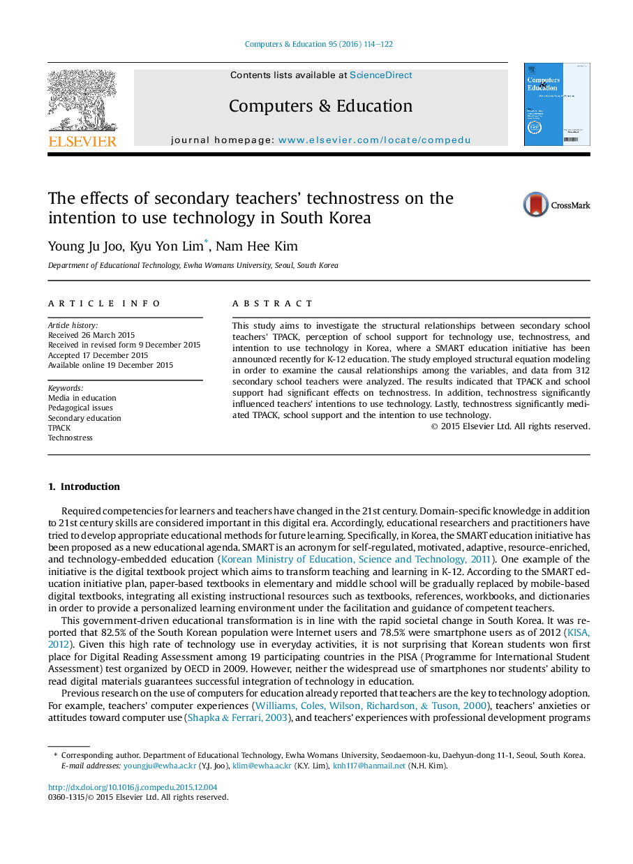 The effects of secondary teachers' technostress on the intention to use technology in South Korea