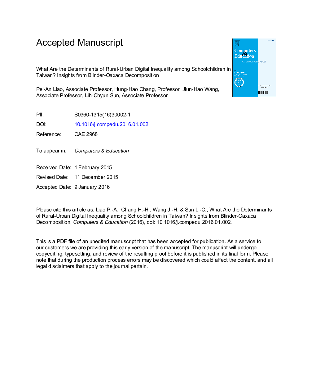 What are the determinants of rural-urban digital inequality among schoolchildren in Taiwan? Insights from Blinder-Oaxaca decomposition