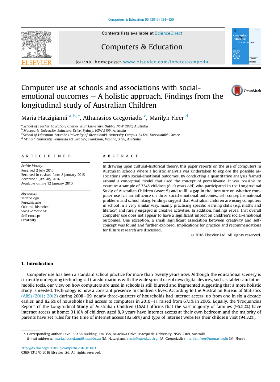 Computer use at schools and associations with social-emotional outcomes - A holistic approach. Findings from the longitudinal study of Australian Children