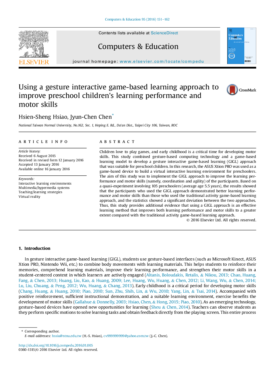 Using a gesture interactive game-based learning approach to improve preschool children's learning performance and motor skills