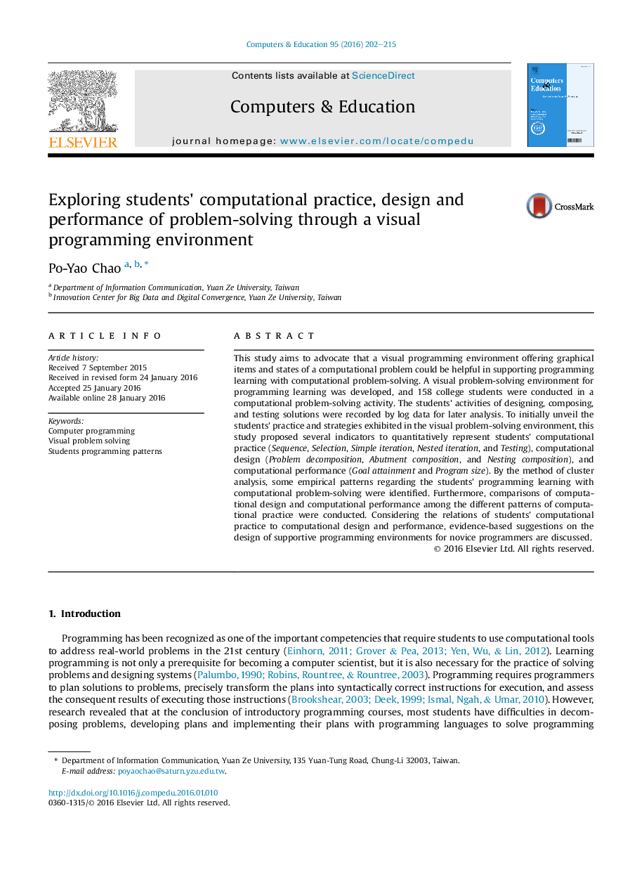 Exploring students' computational practice, design and performance of problem-solving through a visual programming environment