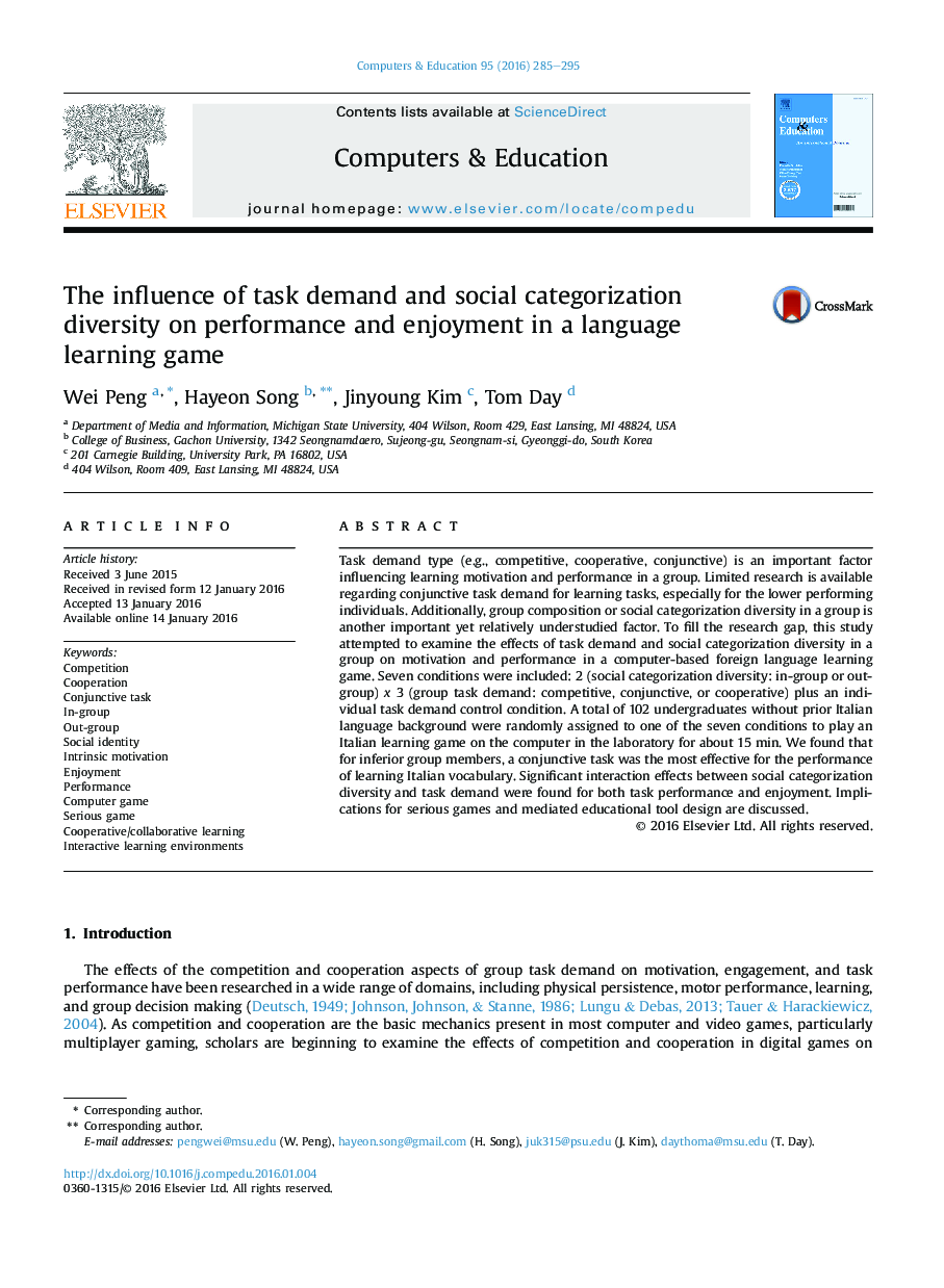 The influence of task demand and social categorization diversity on performance and enjoyment in a language learning game