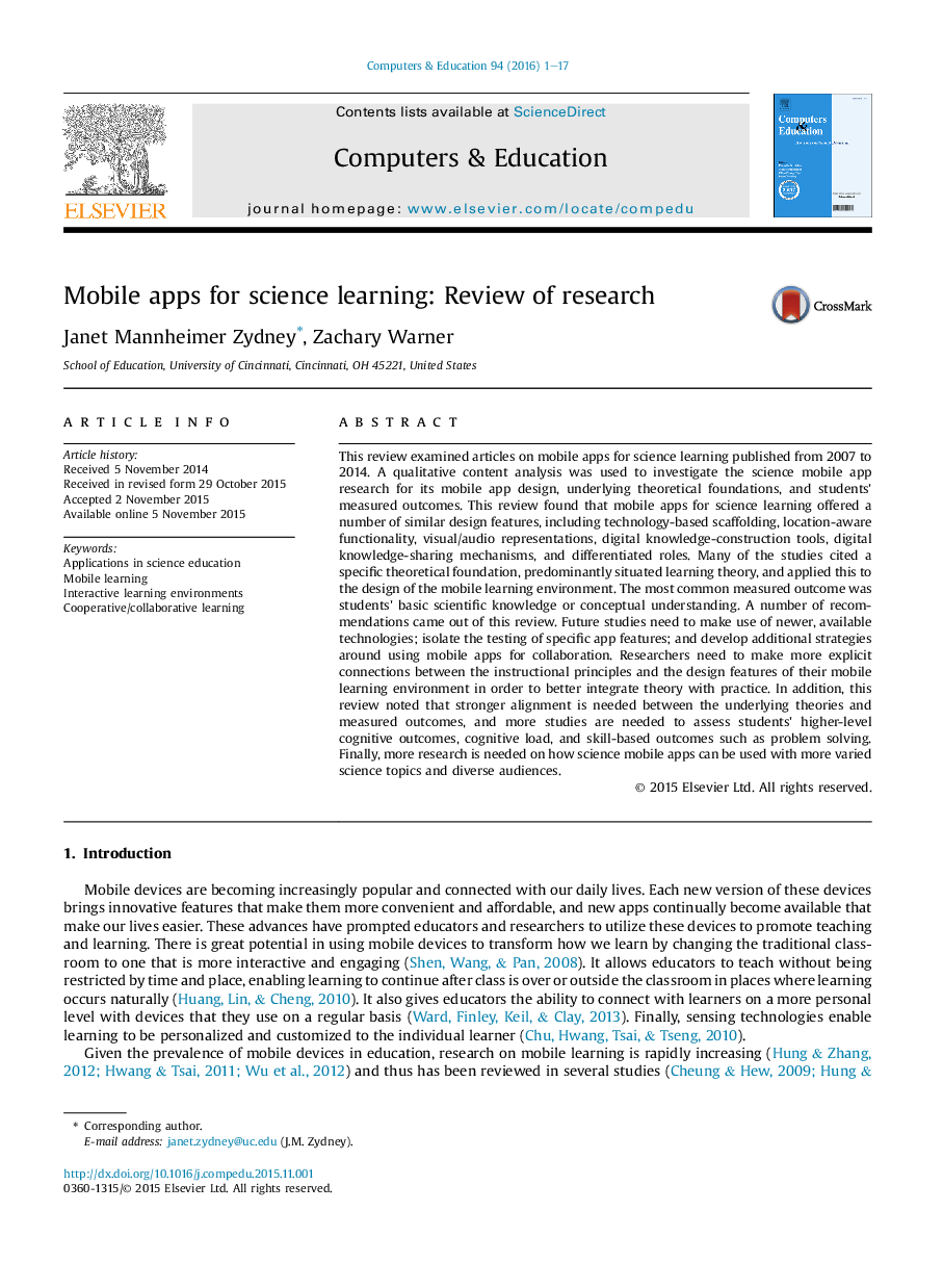 Mobile apps for science learning: Review of research