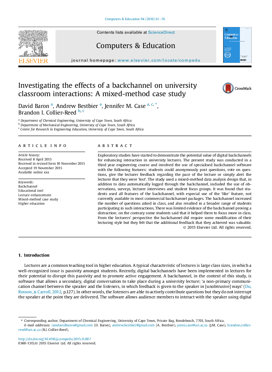 Investigating the effects of a backchannel on university classroom interactions: A mixed-method case study