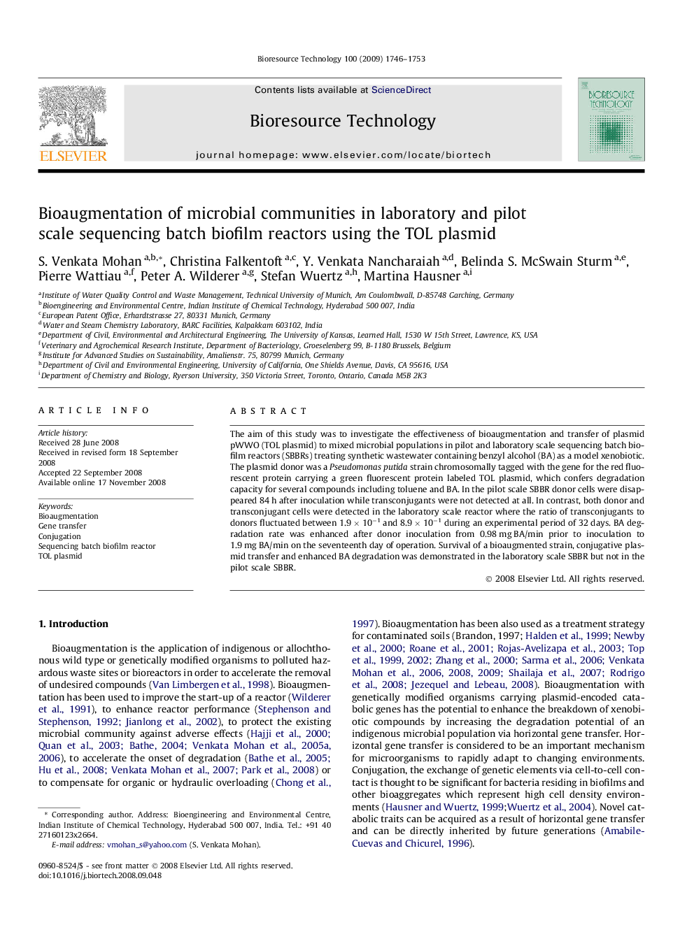 Bioaugmentation of microbial communities in laboratory and pilot scale sequencing batch biofilm reactors using the TOL plasmid