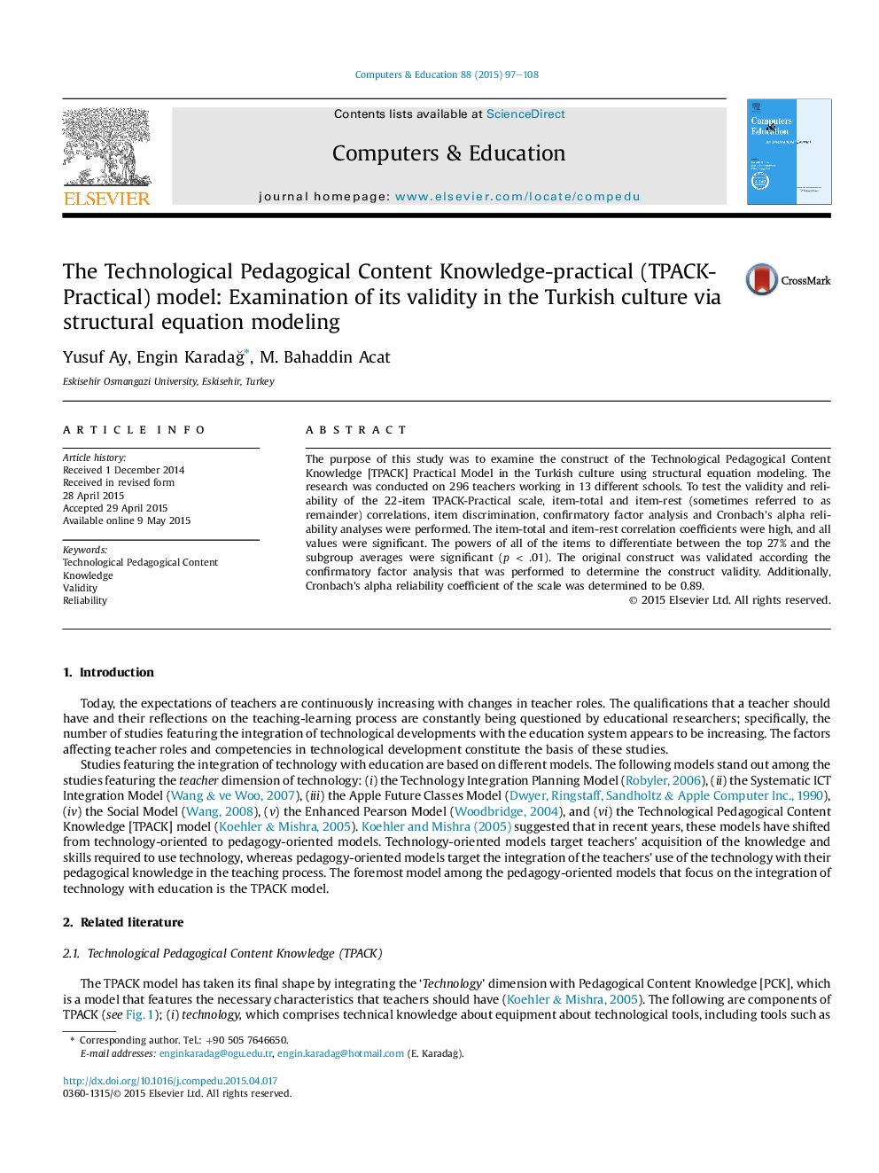 The Technological Pedagogical Content Knowledge-practical (TPACK-Practical) model: Examination of its validity in the Turkish culture via structural equation modeling