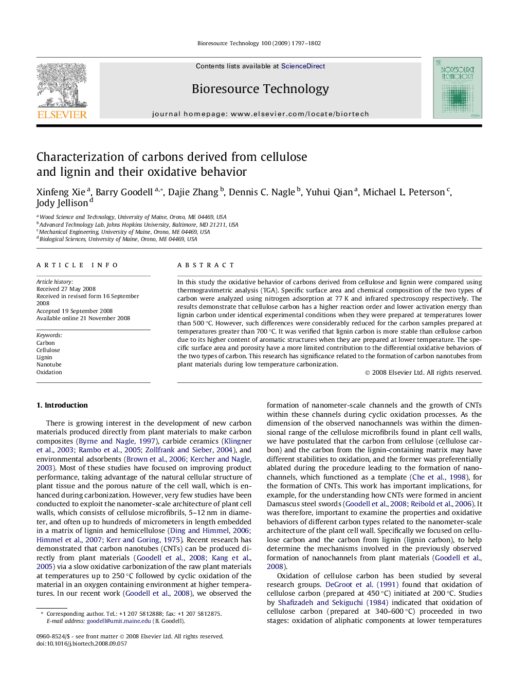 Characterization of carbons derived from cellulose and lignin and their oxidative behavior