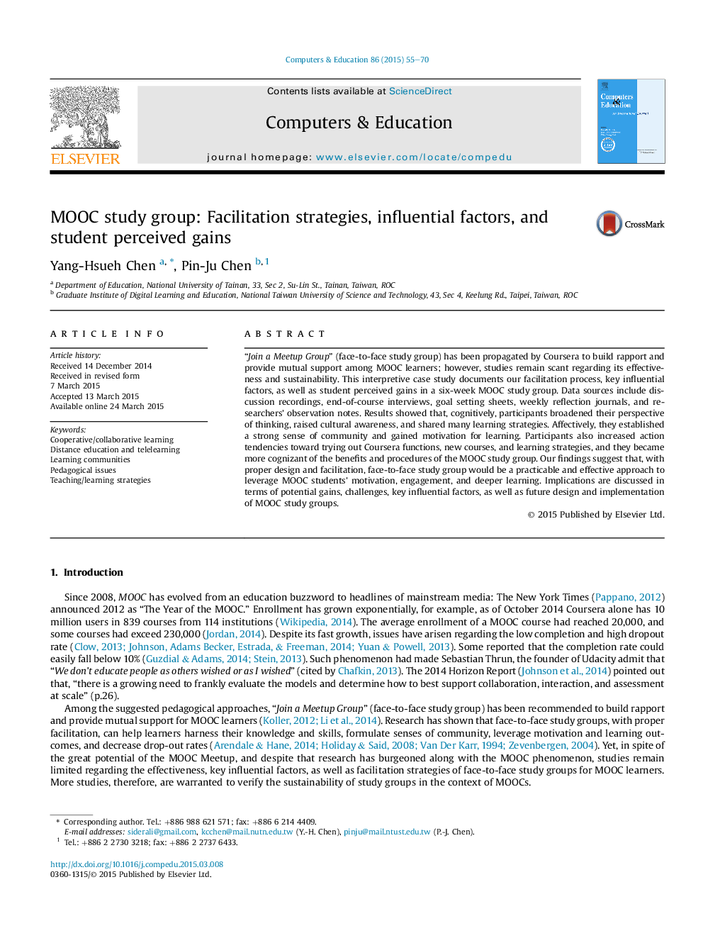 MOOC study group: Facilitation strategies, influential factors, and student perceived gains