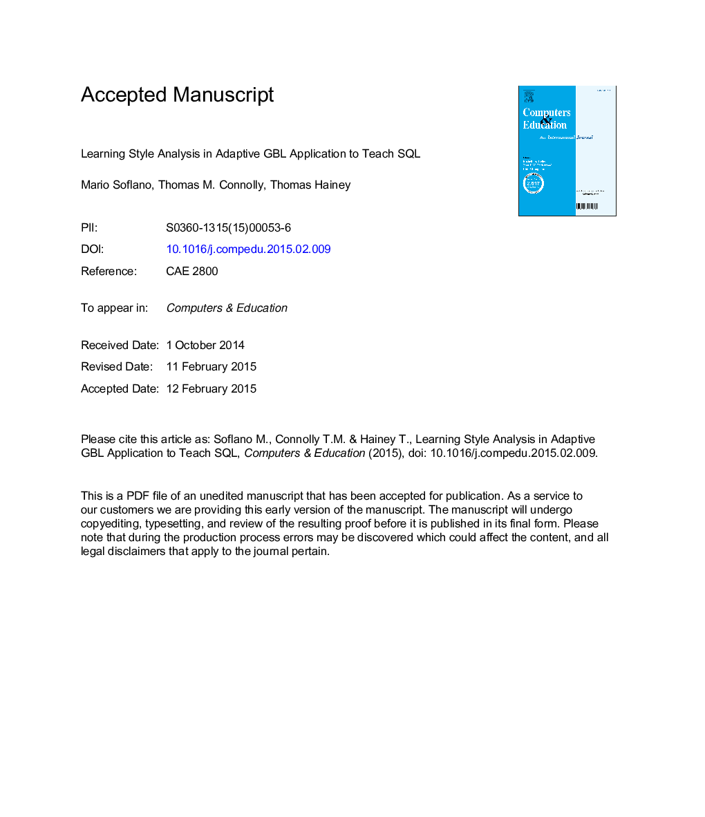 Learning style analysis in adaptive GBL application to teach SQL