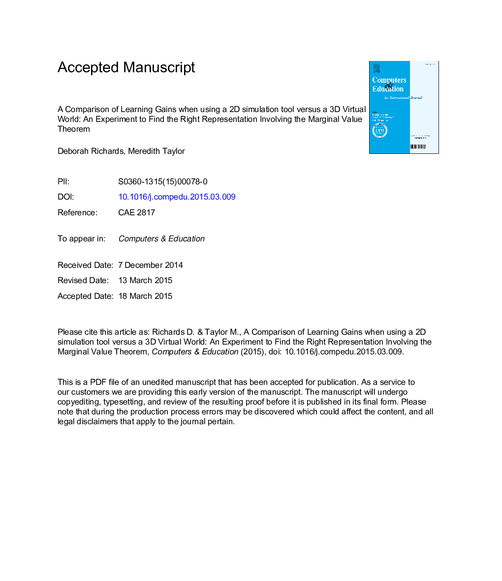 A Comparison of learning gains when using a 2D simulation tool versus a 3D virtual world: An experiment to find the right representation involving the Marginal Value Theorem