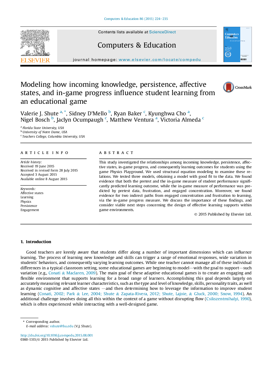 Modeling how incoming knowledge, persistence, affective states, and in-game progress influence student learning from an educational game