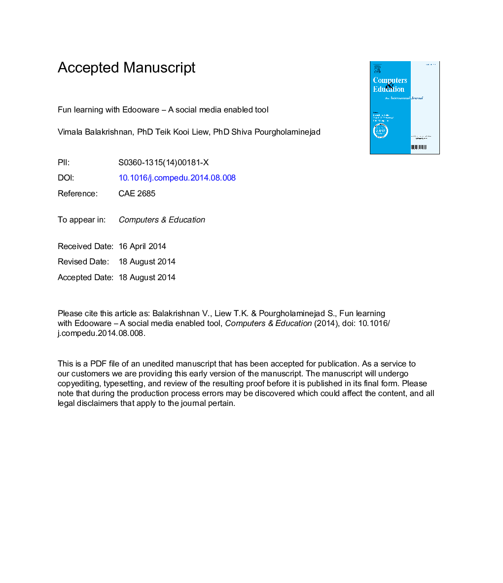 عکس صفحه اول مقاله: Fun learning with Edooware - A social media enabled tool Fun learning with Edooware - A social media enabled tool