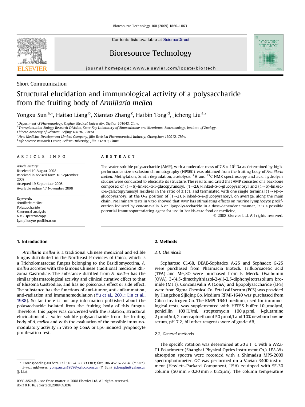 Structural elucidation and immunological activity of a polysaccharide from the fruiting body of Armillaria mellea