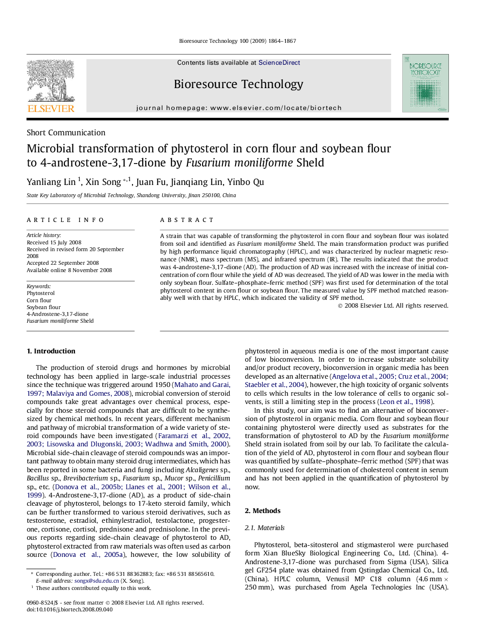 Microbial transformation of phytosterol in corn flour and soybean flour to 4-androstene-3,17-dione by Fusarium moniliforme Sheld