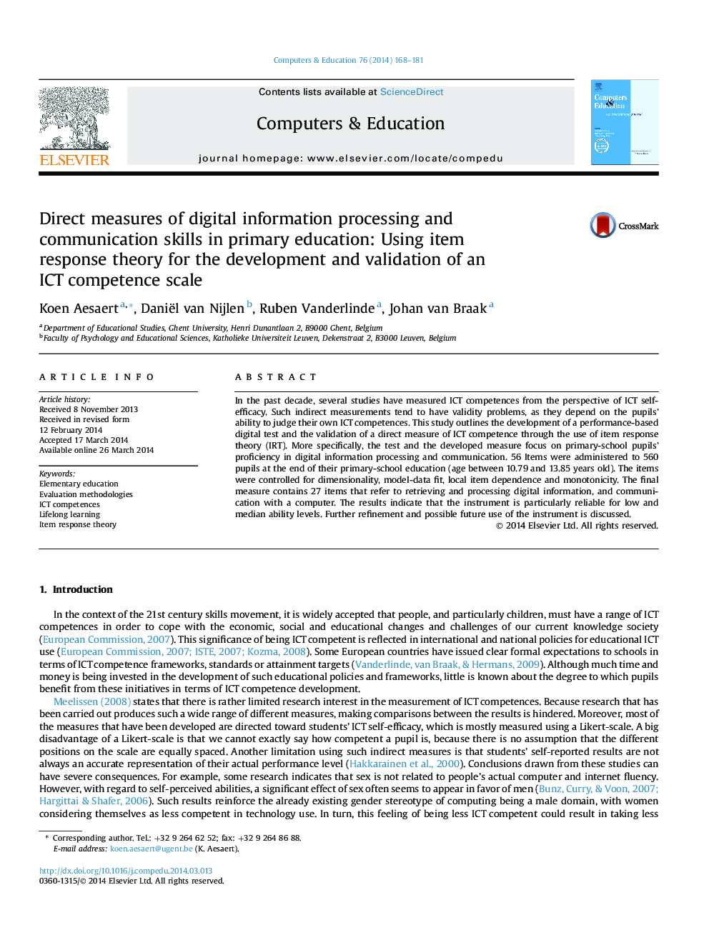 Direct measures of digital information processing and communication skills in primary education: Using item response theory for the development and validation of an ICT competence scale