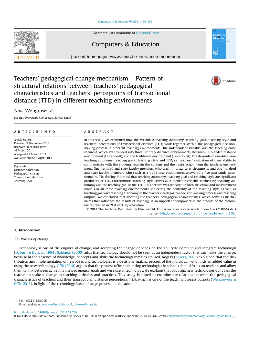 Teachers' pedagogical change mechanism - Pattern of structural relations between teachers' pedagogical characteristics and teachers' perceptions of transactional distance (TTD) in different teaching environments