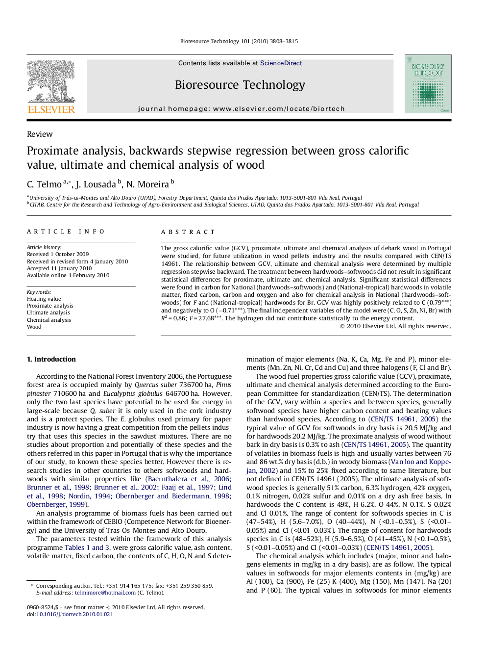 Proximate analysis, backwards stepwise regression between gross calorific value, ultimate and chemical analysis of wood