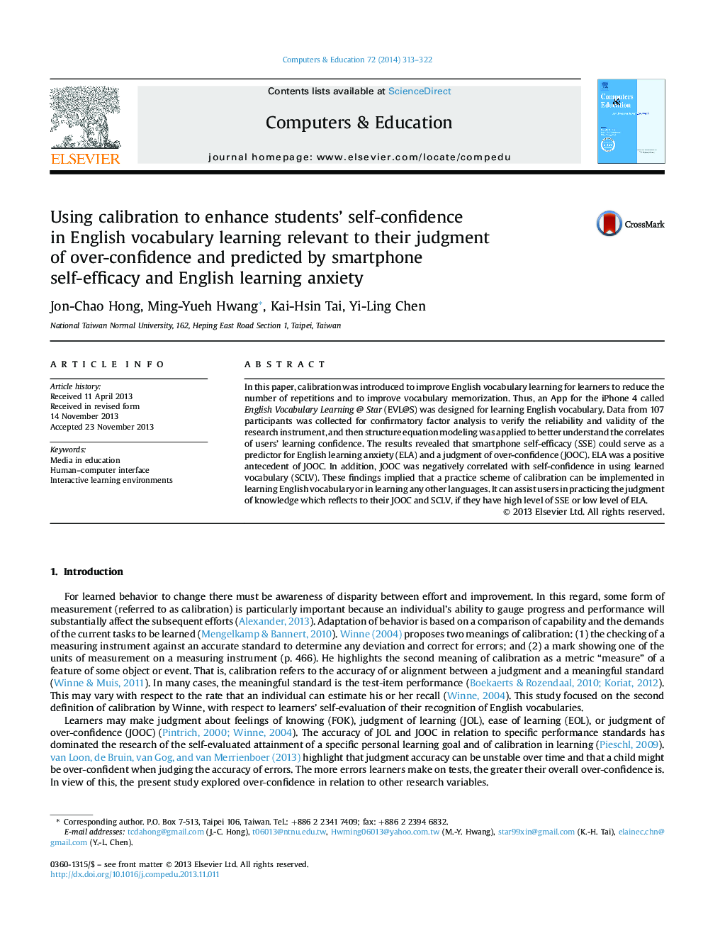 Using calibration to enhance students' self-confidence inÂ English vocabulary learning relevant to their judgment of over-confidence and predicted by smartphone self-efficacy and English learning anxiety