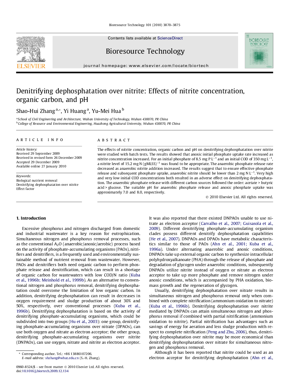 Denitrifying dephosphatation over nitrite: Effects of nitrite concentration, organic carbon, and pH