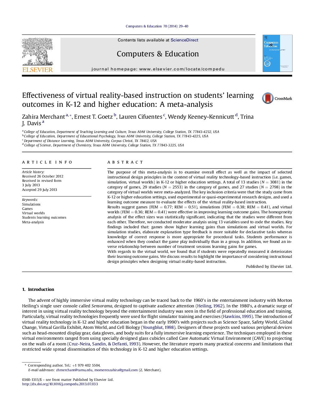 Effectiveness of virtual reality-based instruction on students' learning outcomes in K-12 and higher education: A meta-analysis