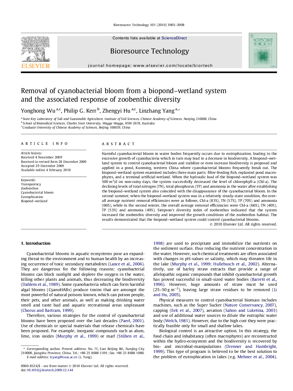 Removal of cyanobacterial bloom from a biopond–wetland system and the associated response of zoobenthic diversity