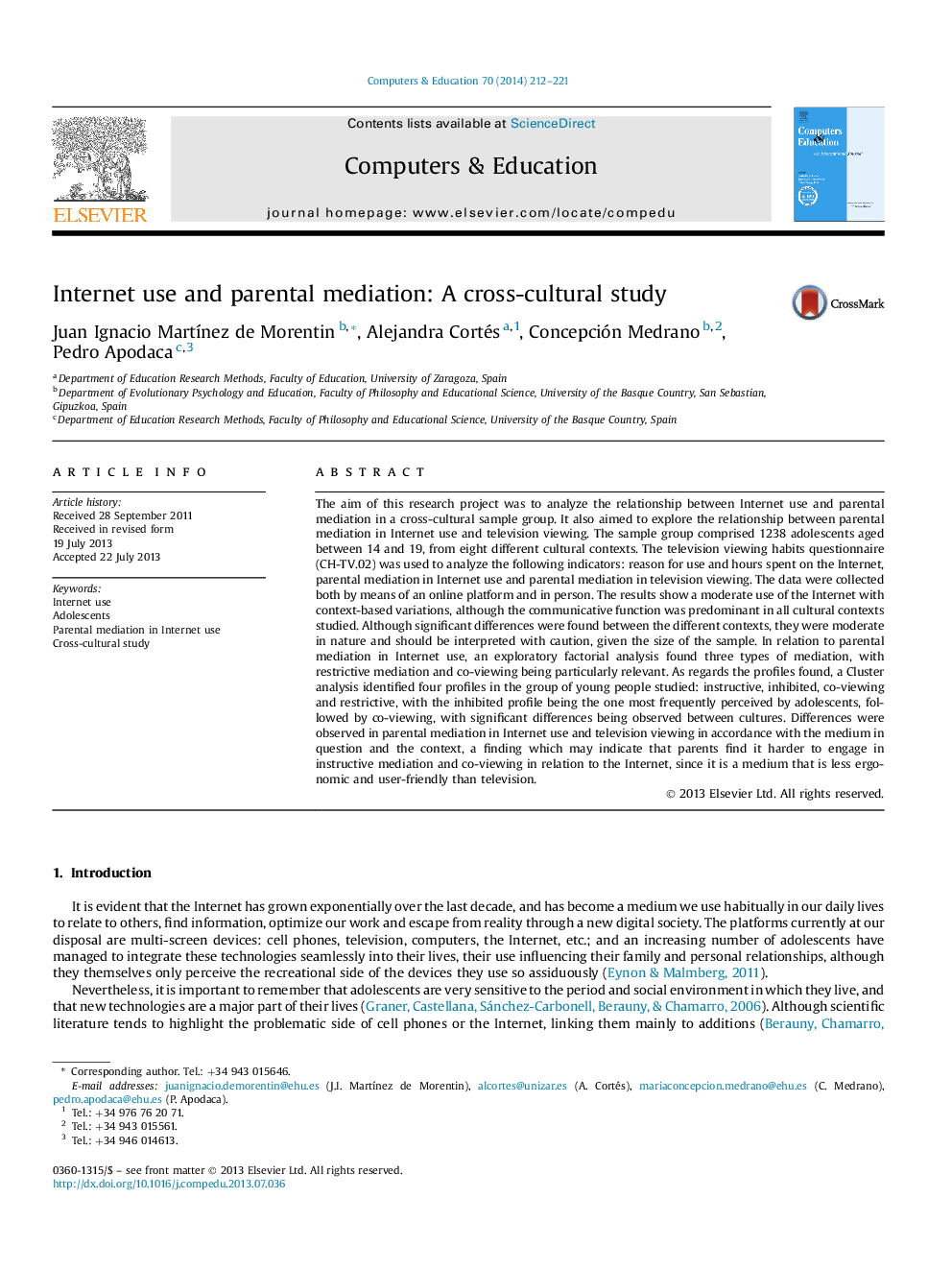 Internet use and parental mediation: A cross-cultural study