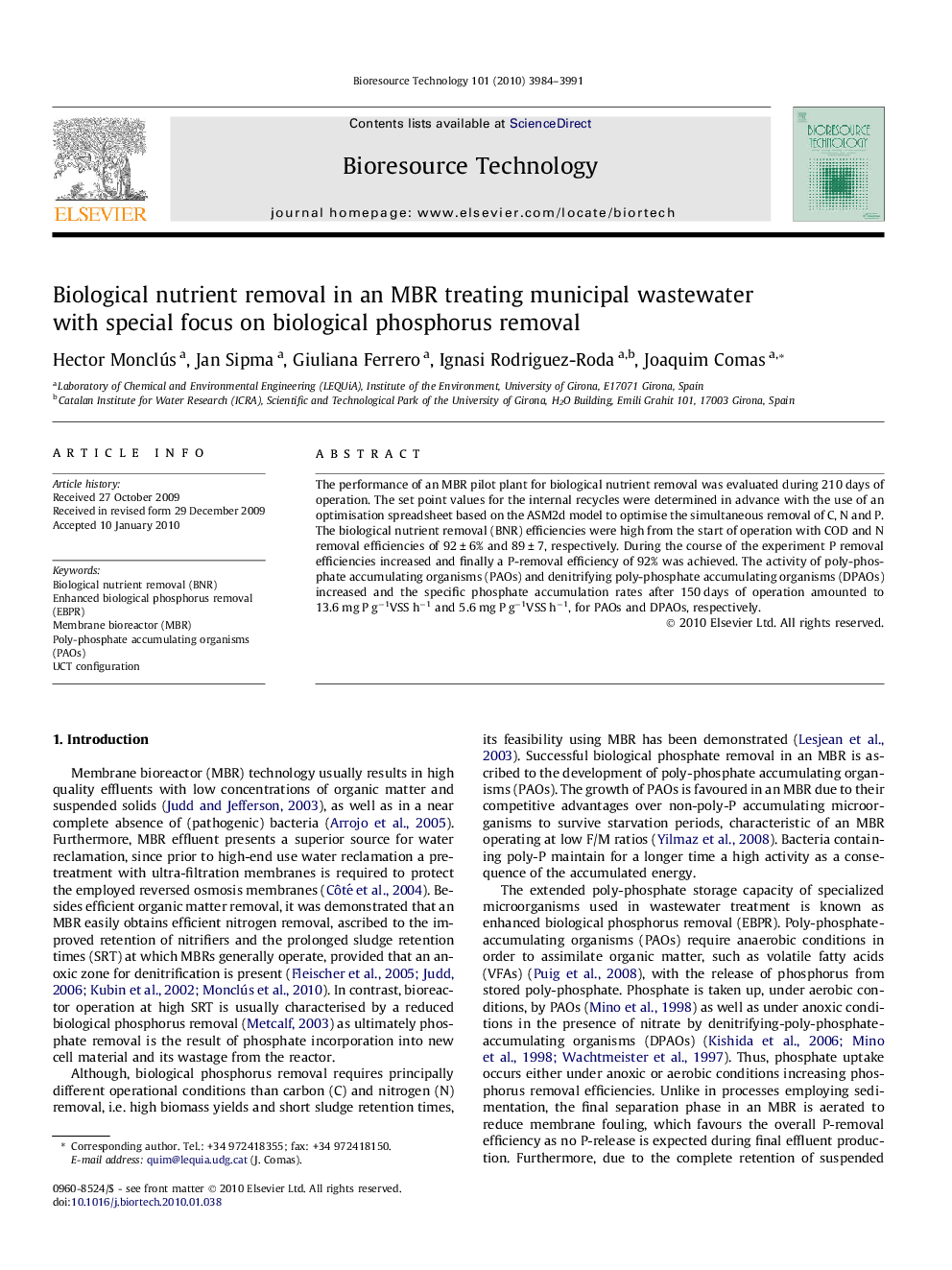 Biological nutrient removal in an MBR treating municipal wastewater with special focus on biological phosphorus removal