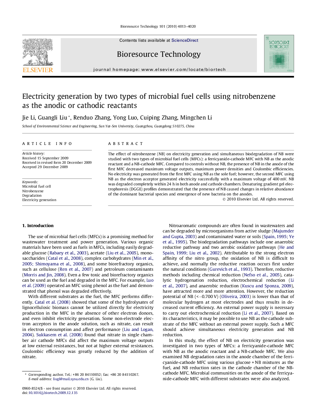 Electricity generation by two types of microbial fuel cells using nitrobenzene as the anodic or cathodic reactants