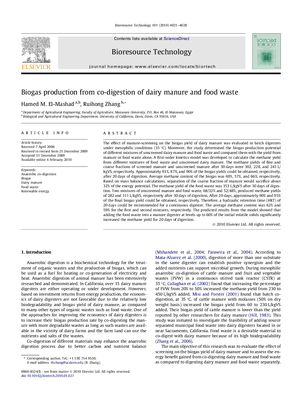 Biogas production from co-digestion of dairy manure and food waste