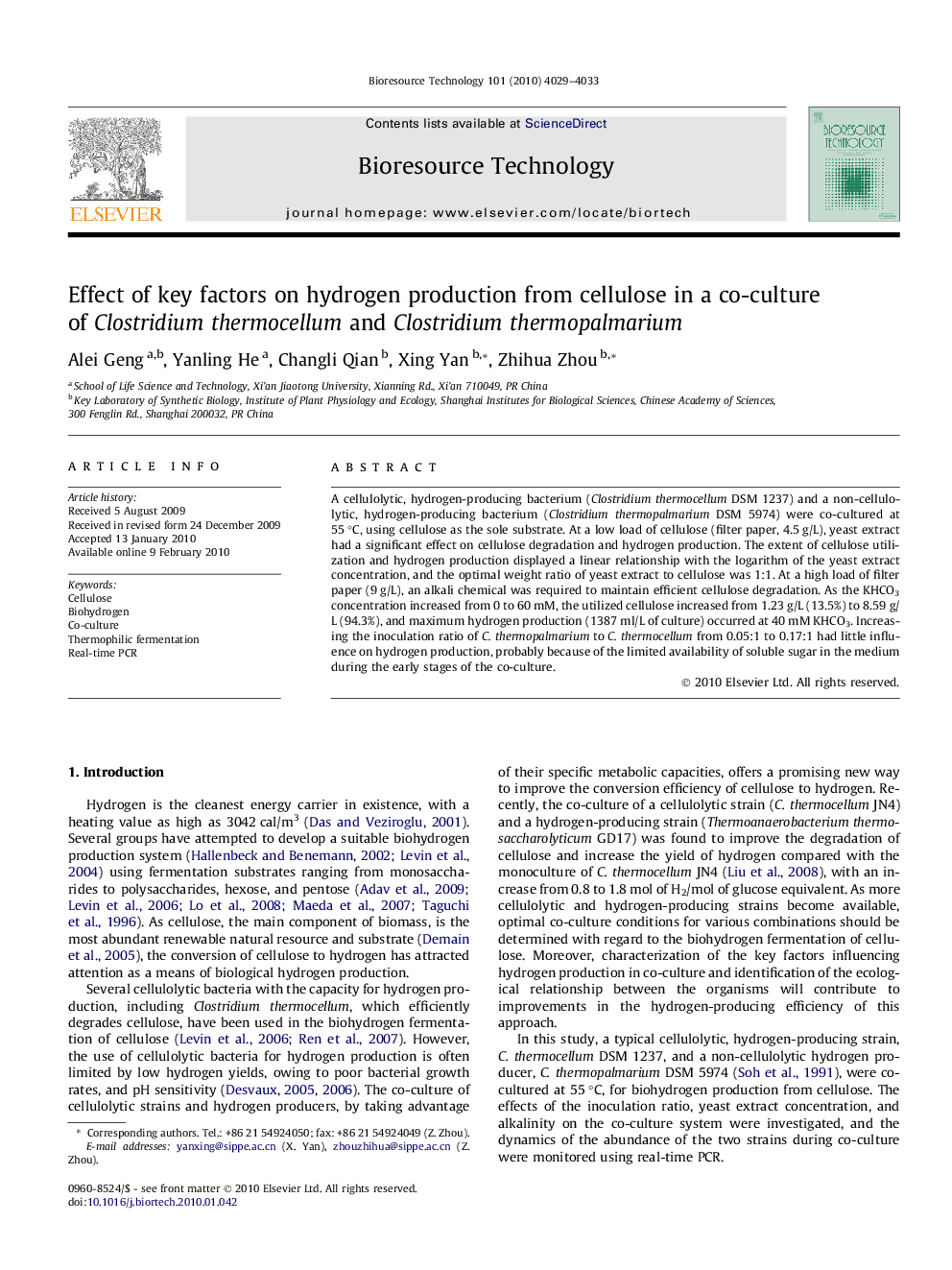 Effect of key factors on hydrogen production from cellulose in a co-culture of Clostridium thermocellum and Clostridiumthermopalmarium