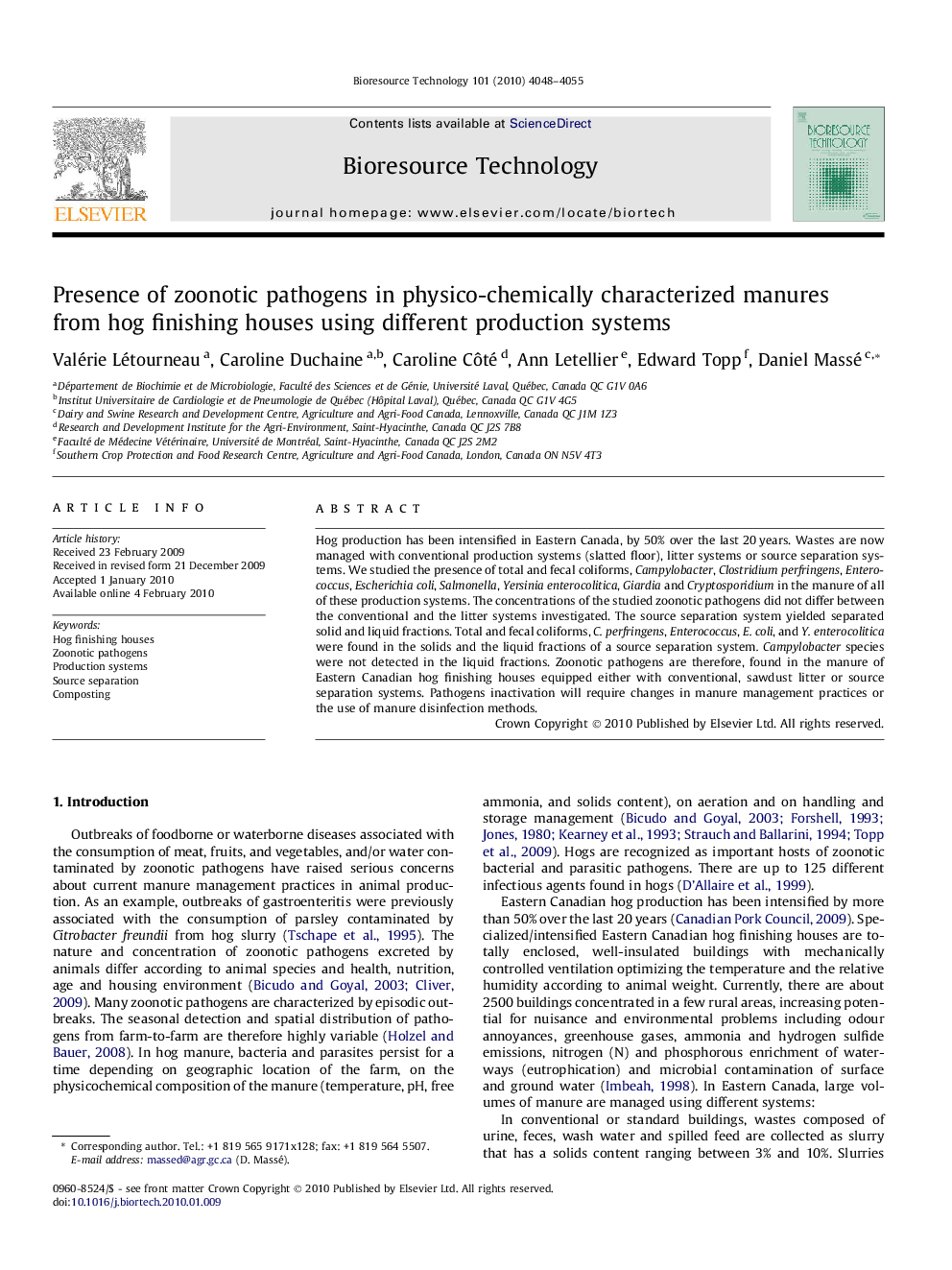 Presence of zoonotic pathogens in physico-chemically characterized manures from hog finishing houses using different production systems