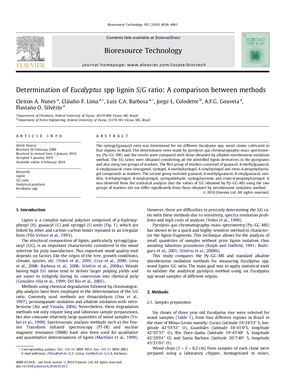 Determination of Eucalyptus spp lignin S/G ratio: A comparison between methods