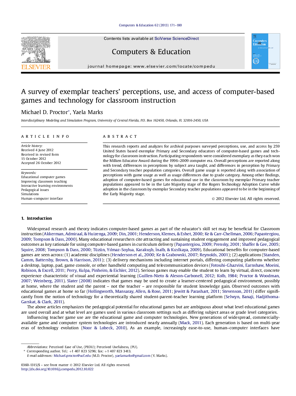 یک بررسی از درک، استفاده، و دسترسی بازیگران و تکنولوژی های مبتنی بر کامپیوتر برای آموزش در کلاس درس از معلمان نمونه 